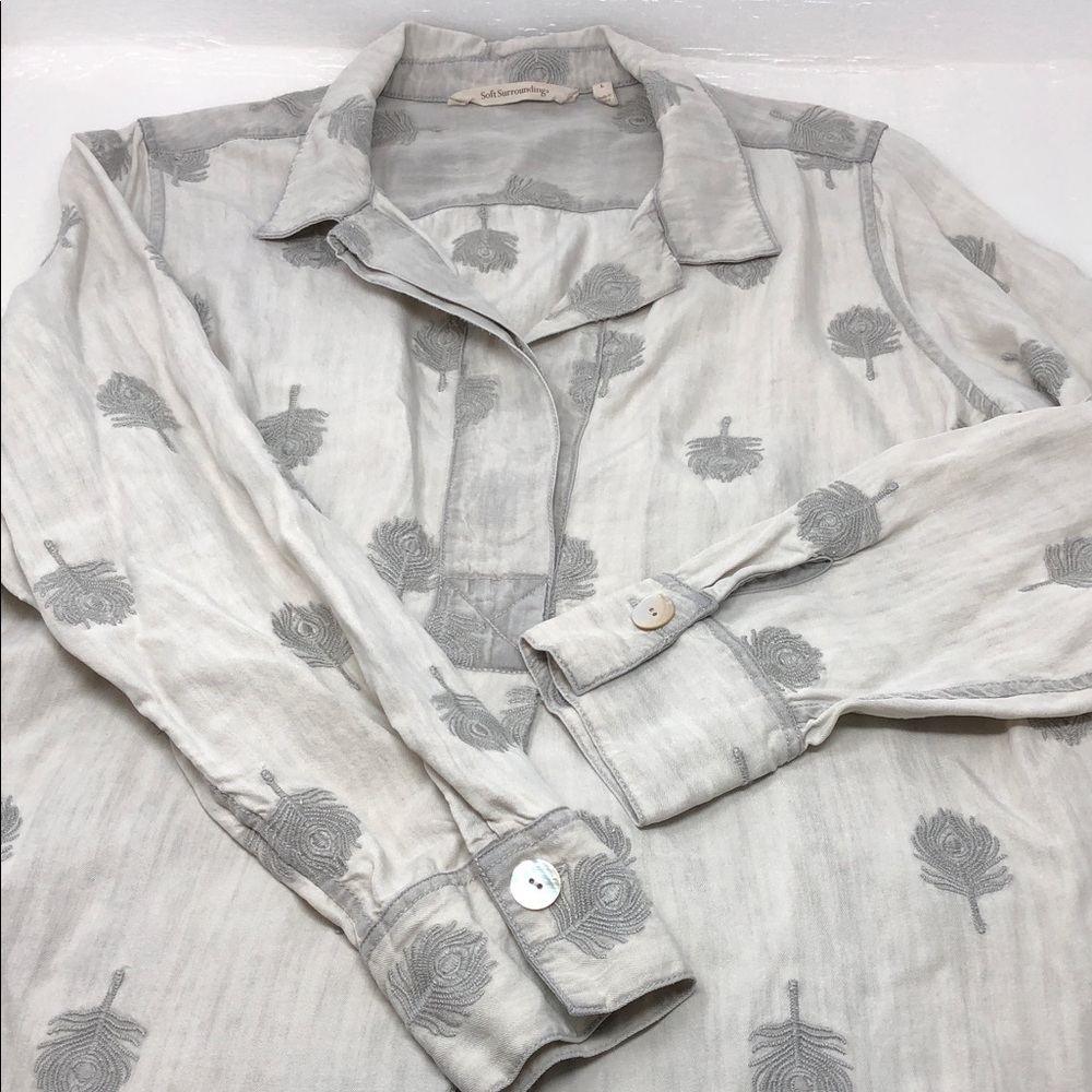 Soft Surroundings Shirt Dress Peacock Feather Embroidered Preppy Coastal Size L - Picture 5 of 11